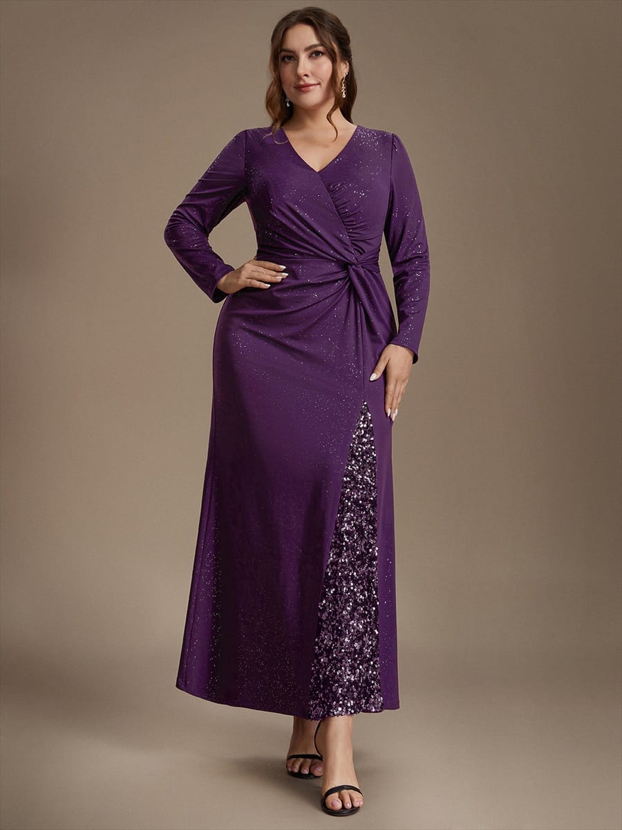 Sequin Knit Fitted Sleeve Dress #color_Dark Purple
