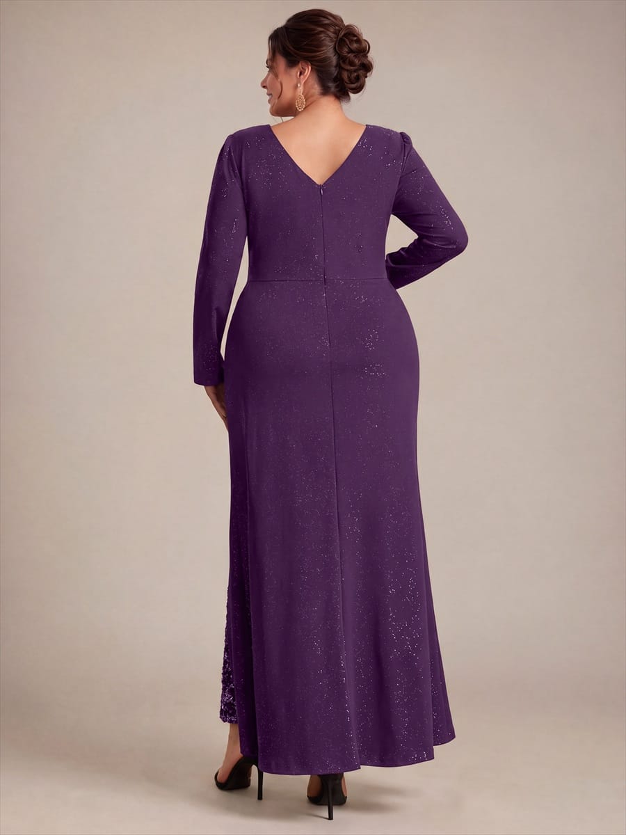 Sequin Knit Fitted Sleeve Dress #color_Dark Purple