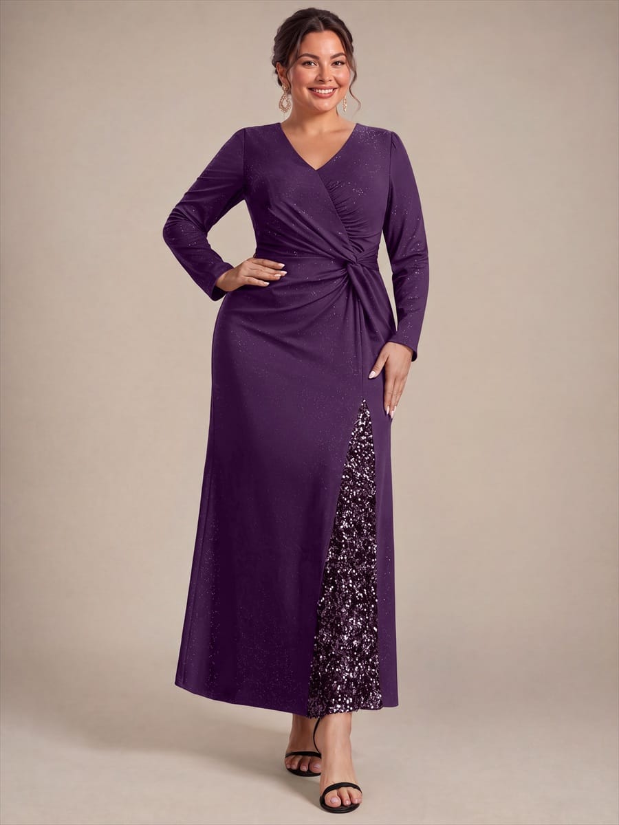 Sequin Knit Fitted Sleeve Dress #color_Dark Purple
