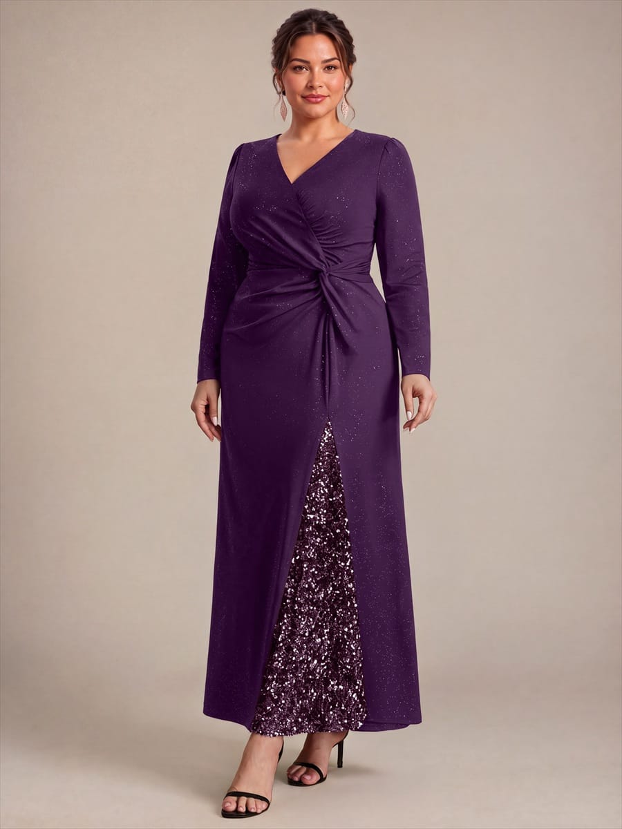 Sequin Knit Fitted Sleeve Dress #color_Dark Purple