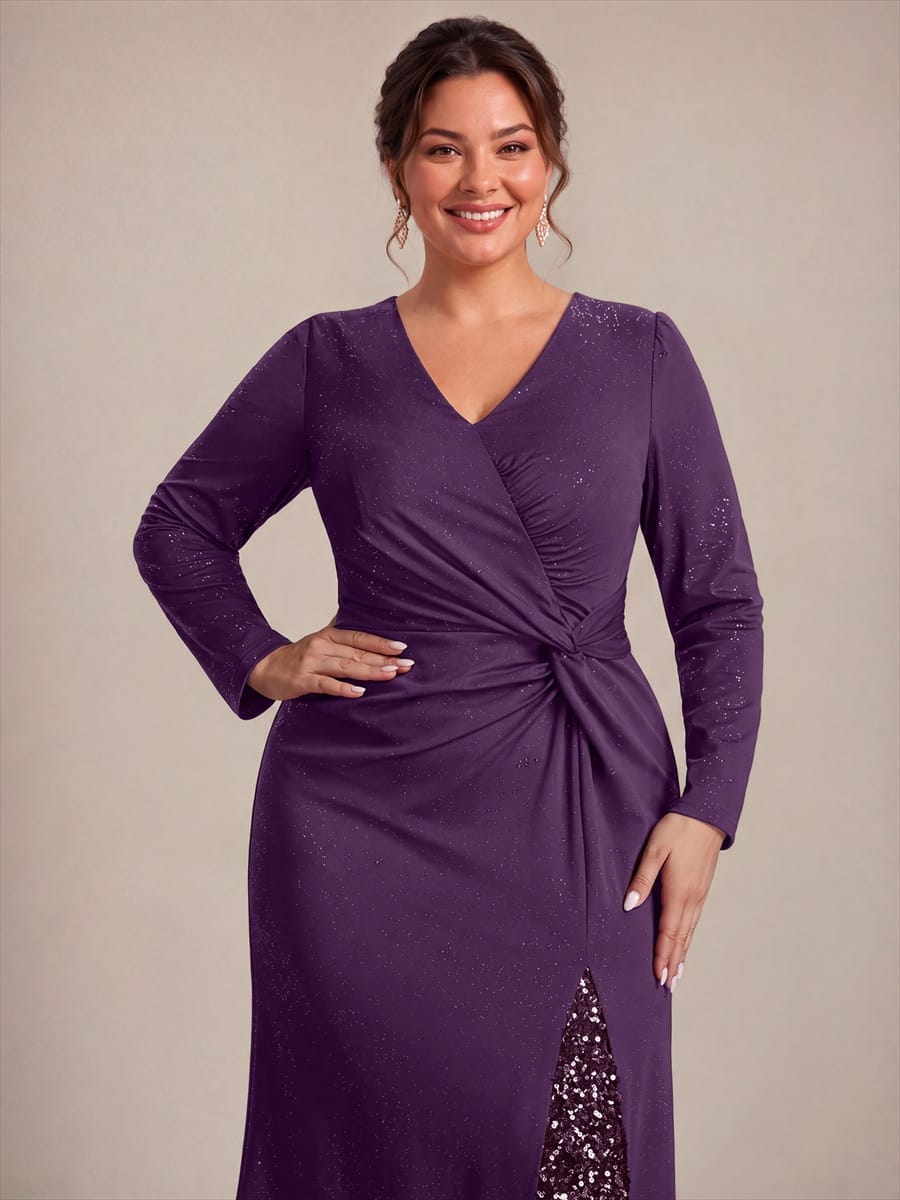 Sequin Knit Fitted Sleeve Dress #color_Dark Purple