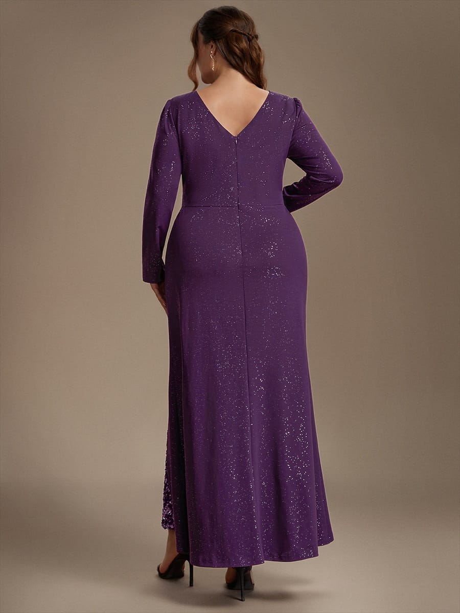 Sequin Knit Fitted Sleeve Dress #color_Dark Purple