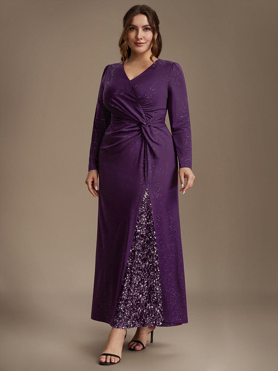 Sequin Knit Fitted Sleeve Dress #color_Dark Purple