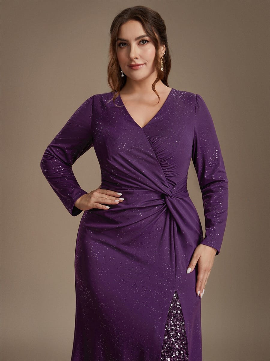 Sequin Knit Fitted Sleeve Dress #color_Dark Purple