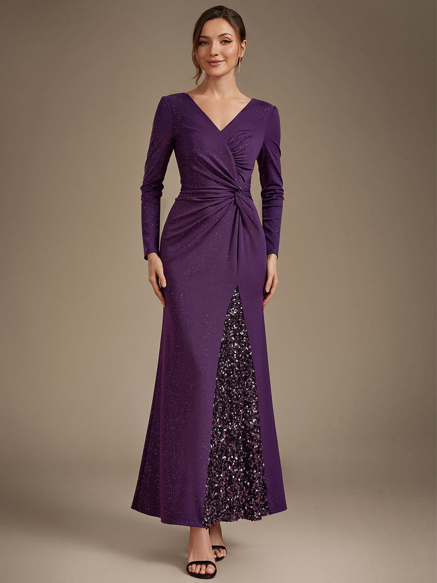 Sequin Knit Fitted Sleeve Dress #color_Dark Purple