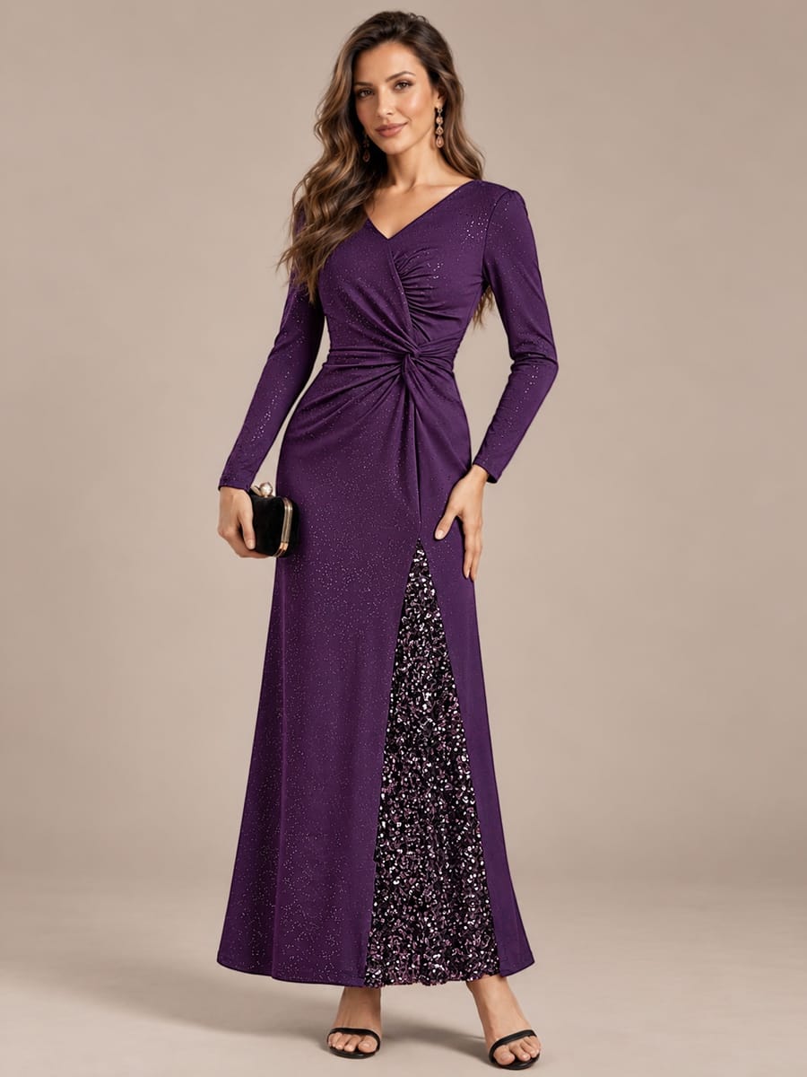 Sequin Knit Fitted Sleeve Dress #color_Dark Purple