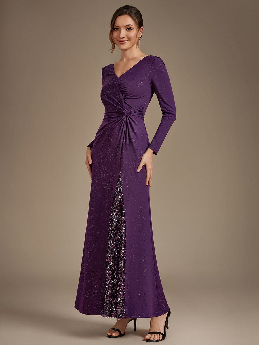 Sequin Knit Fitted Sleeve Dress #color_Dark Purple