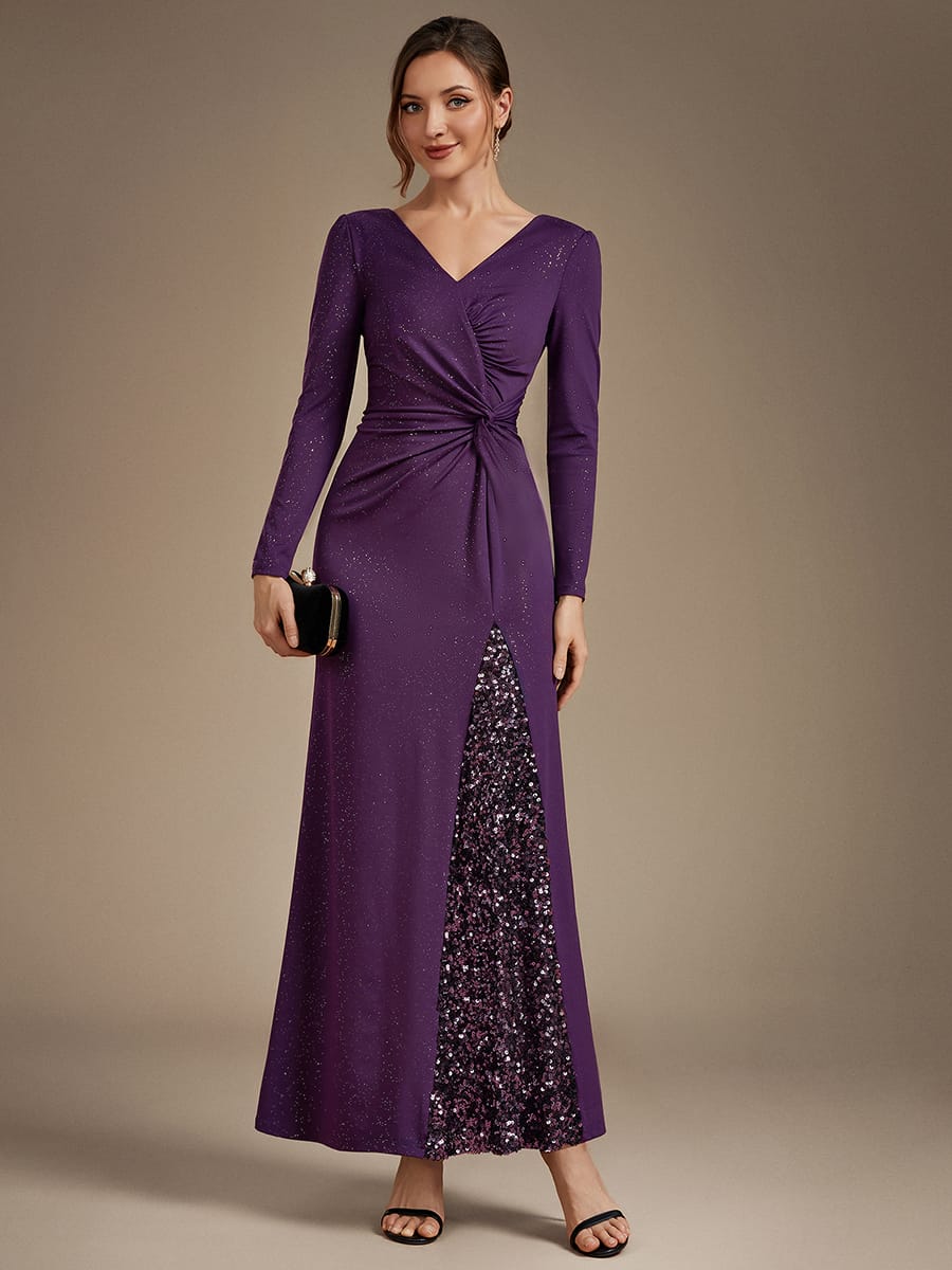 Sequin Knit Fitted Sleeve Dress #color_Dark Purple