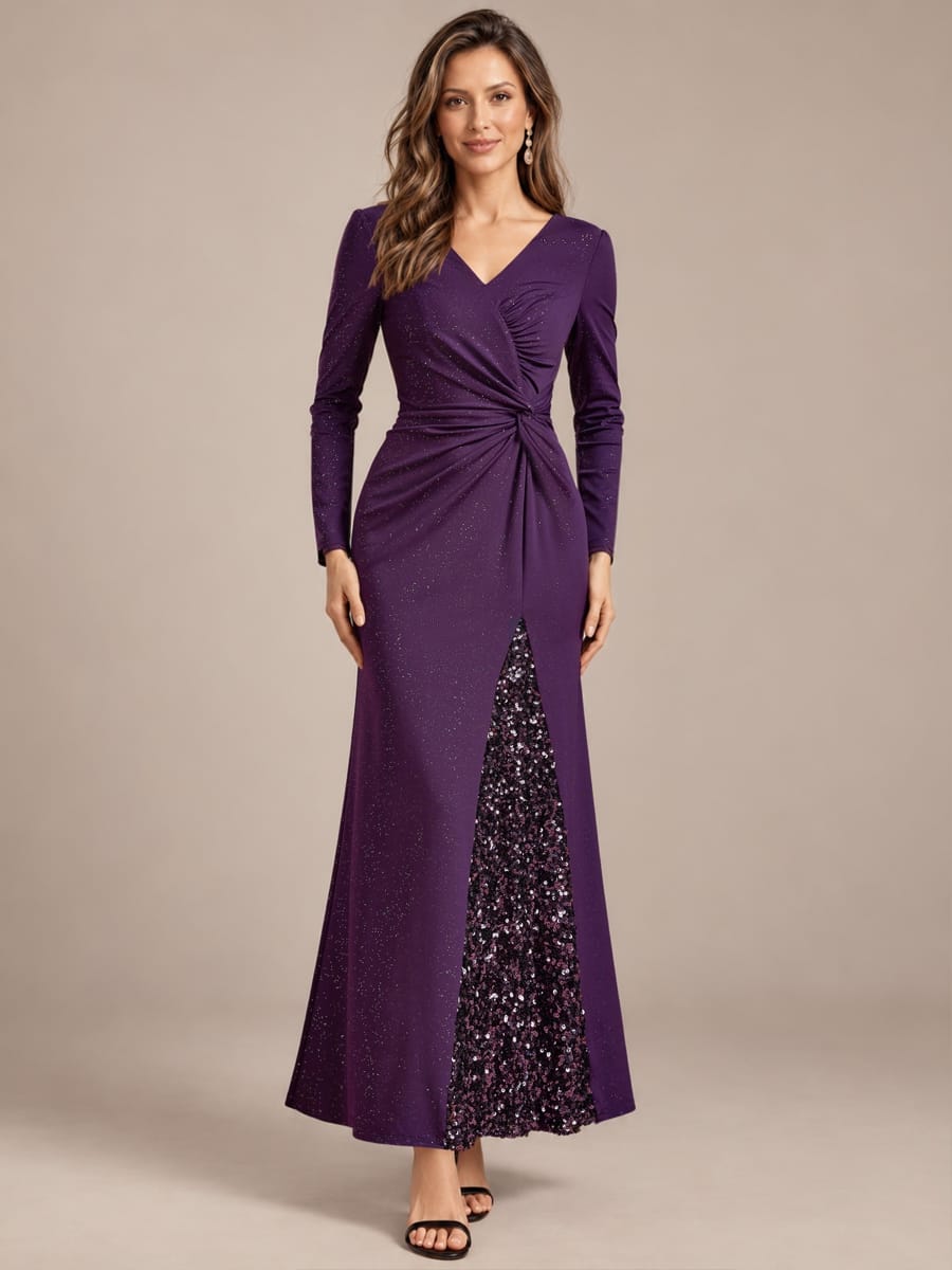 Sequin Knit Fitted Sleeve Dress #color_Dark Purple