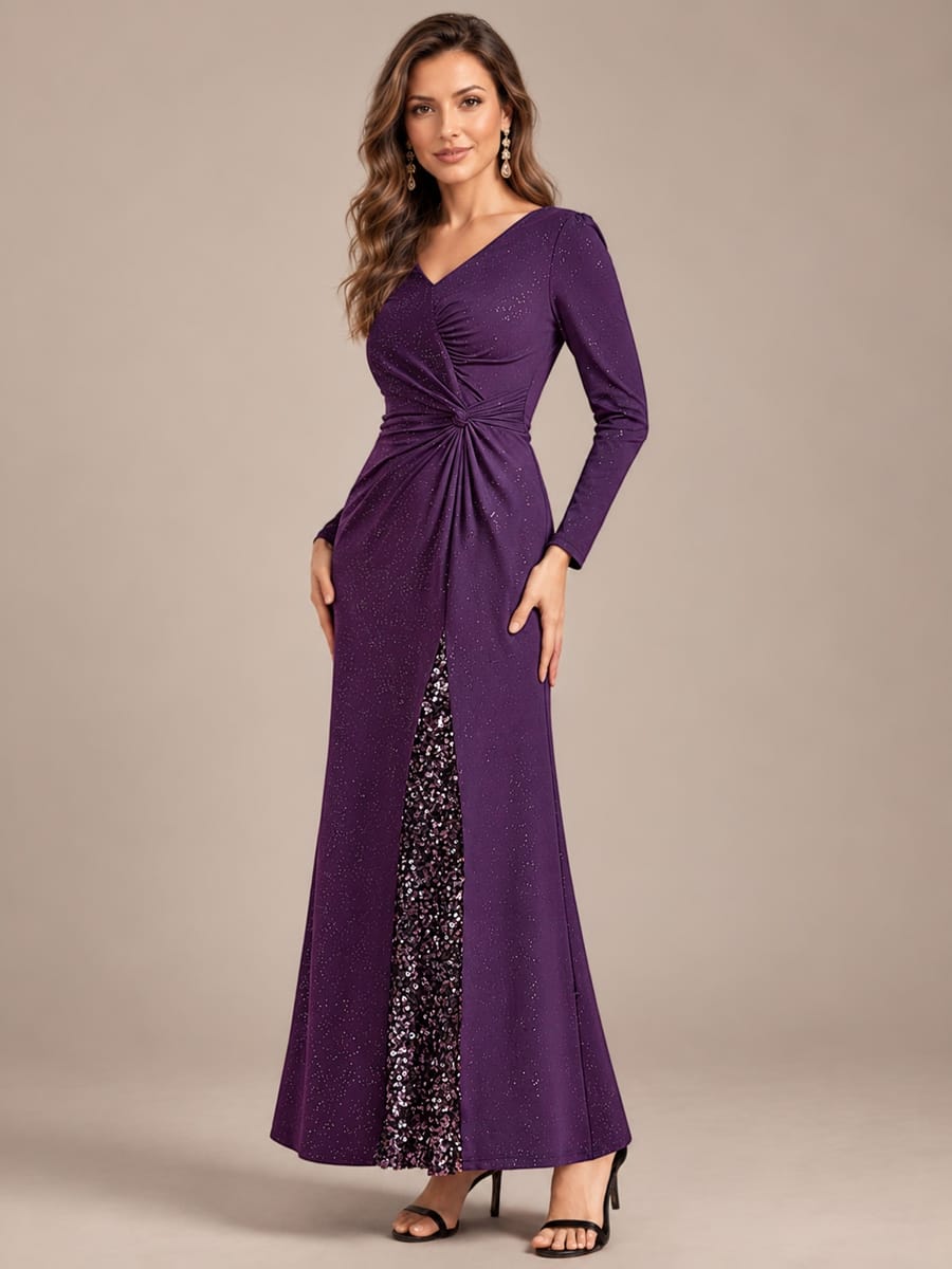 Sequin Knit Fitted Sleeve Dress #color_Dark Purple
