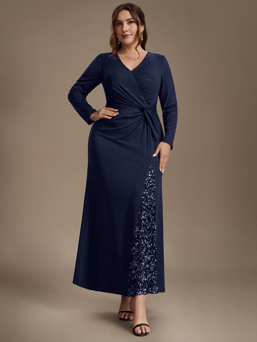Sequin Knit Fitted Sleeve Dress #color_Navy Blue