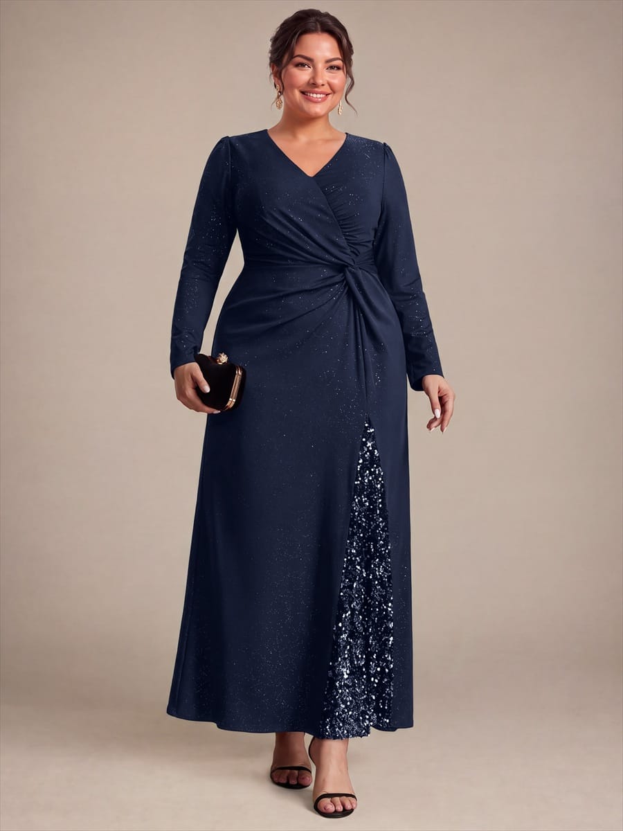 Sequin Knit Fitted Sleeve Dress #color_Navy Blue