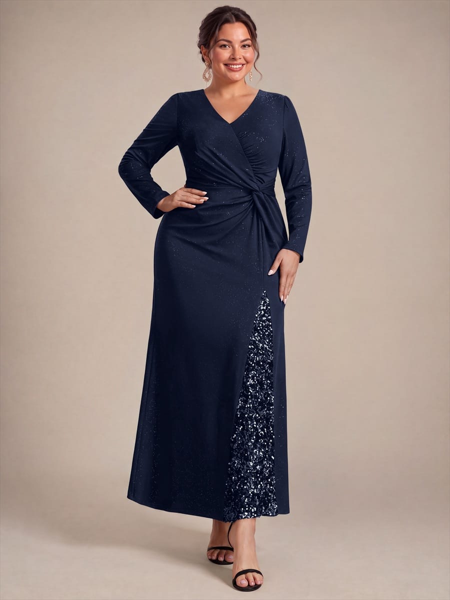 Sequin Knit Fitted Sleeve Dress #color_Navy Blue