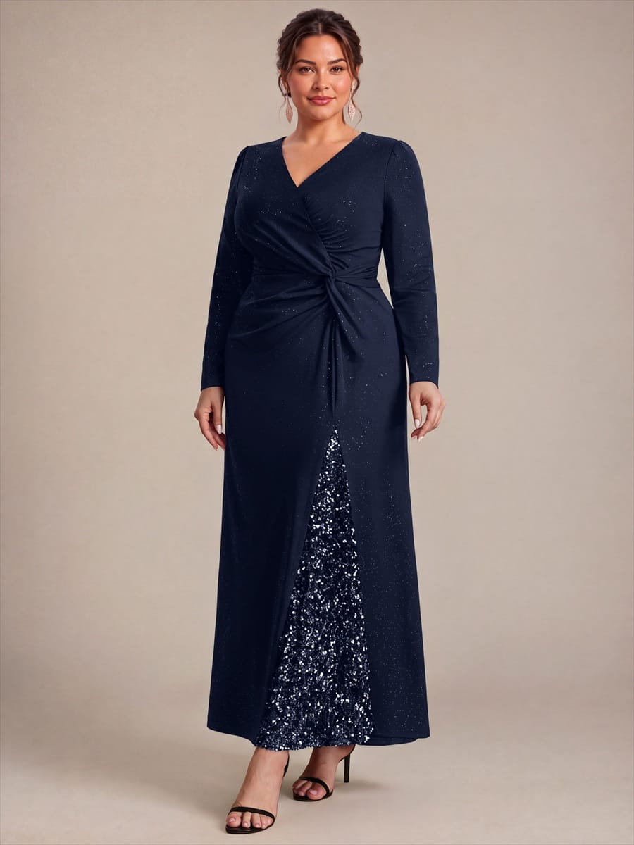 Sequin Knit Fitted Sleeve Dress #color_Navy Blue