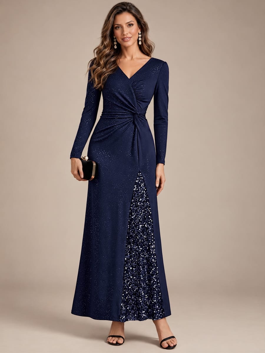 Sequin Knit Fitted Sleeve Dress #color_Navy Blue