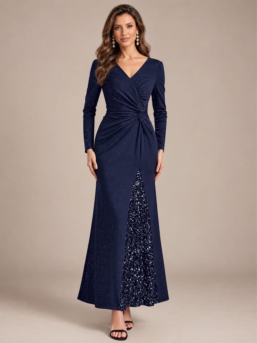 Sequin Knit Fitted Sleeve Dress #color_Navy Blue