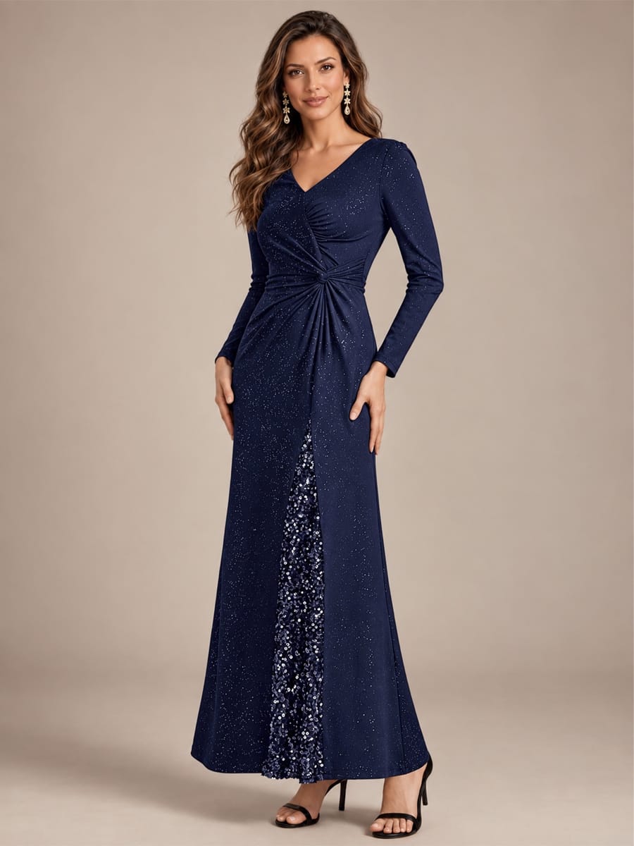 Sequin Knit Fitted Sleeve Dress #color_Navy Blue