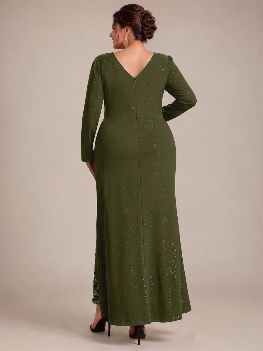 Sequin Knit Fitted Sleeve Dress #color_Olive Green