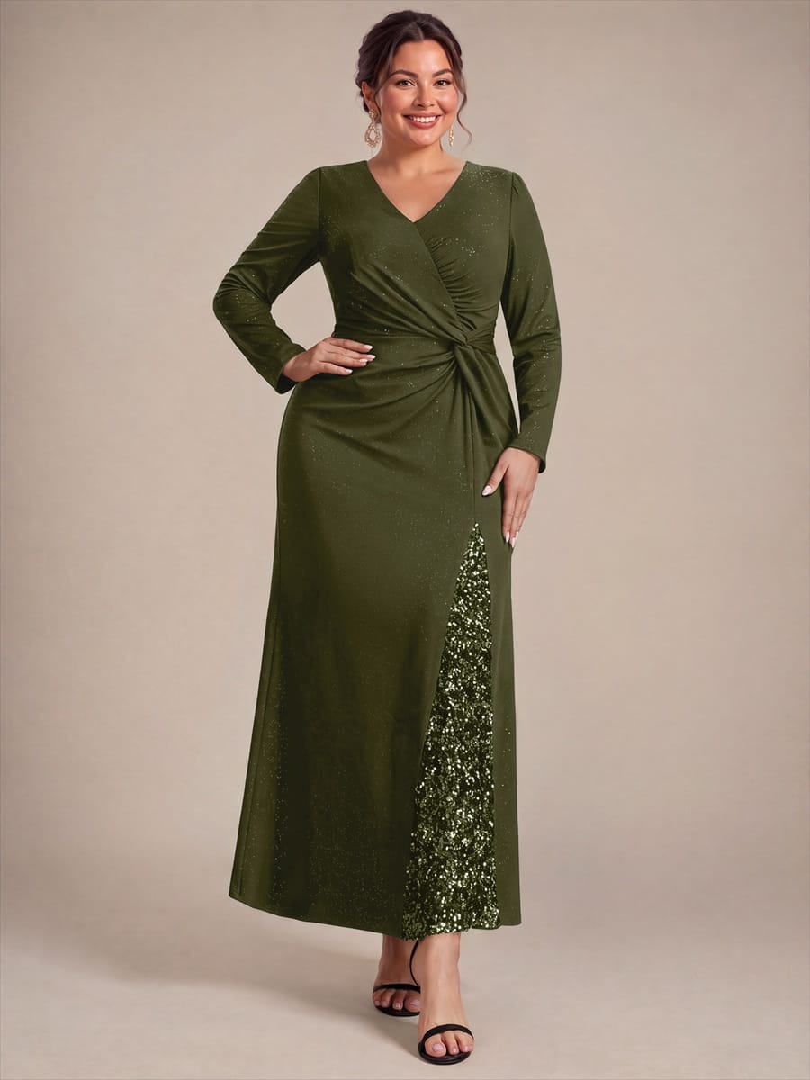 Sequin Knit Fitted Sleeve Dress #color_Olive Green