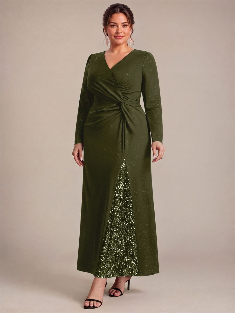 Sequin Knit Fitted Sleeve Dress #color_Olive Green