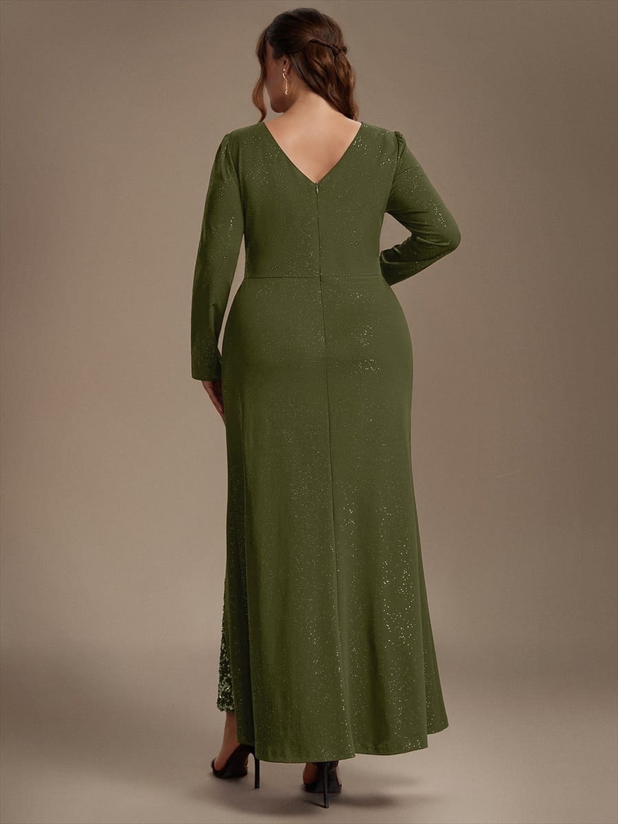 Sequin Knit Fitted Sleeve Dress #color_Olive Green