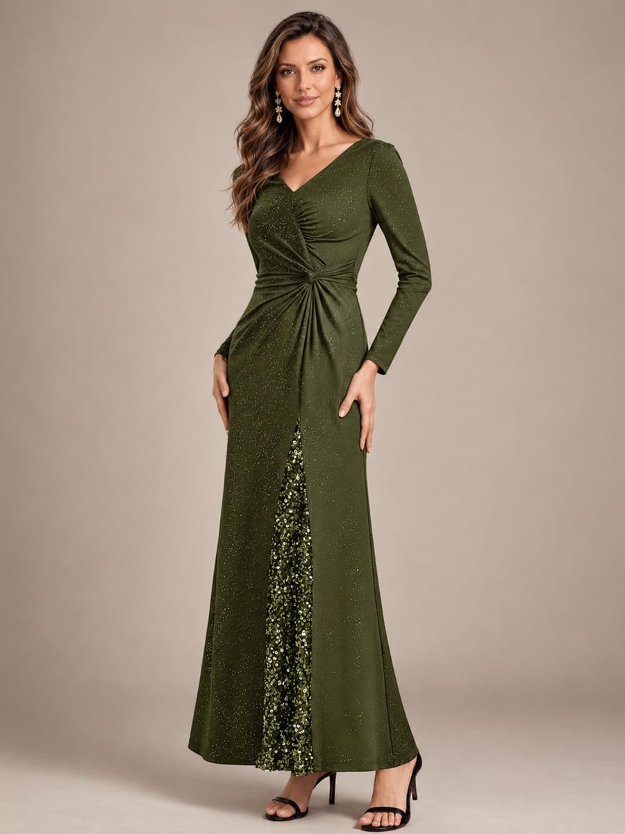 Sequin Knit Fitted Sleeve Dress #color_Olive Green