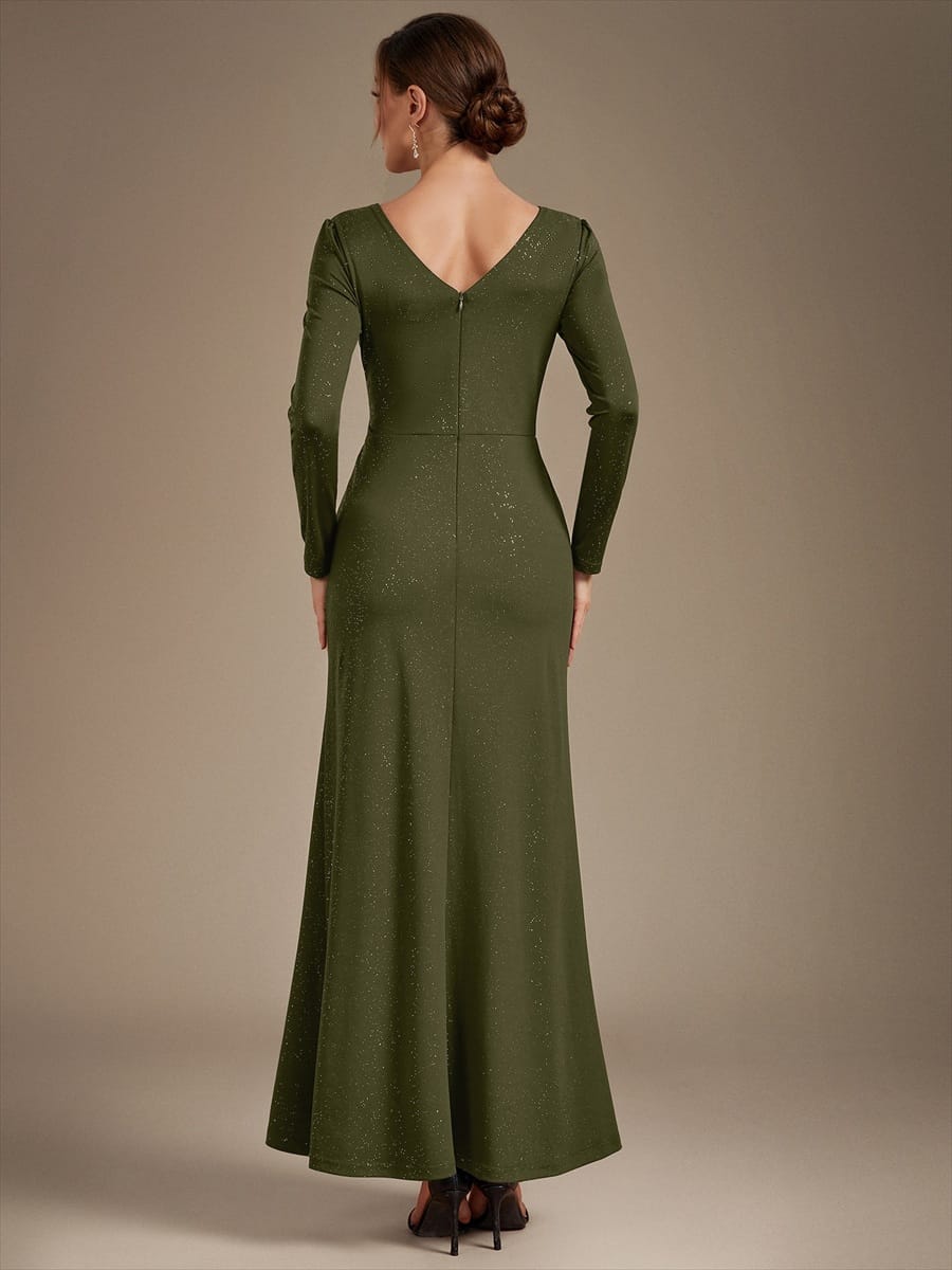 Sequin Knit Fitted Sleeve Dress #color_Olive Green