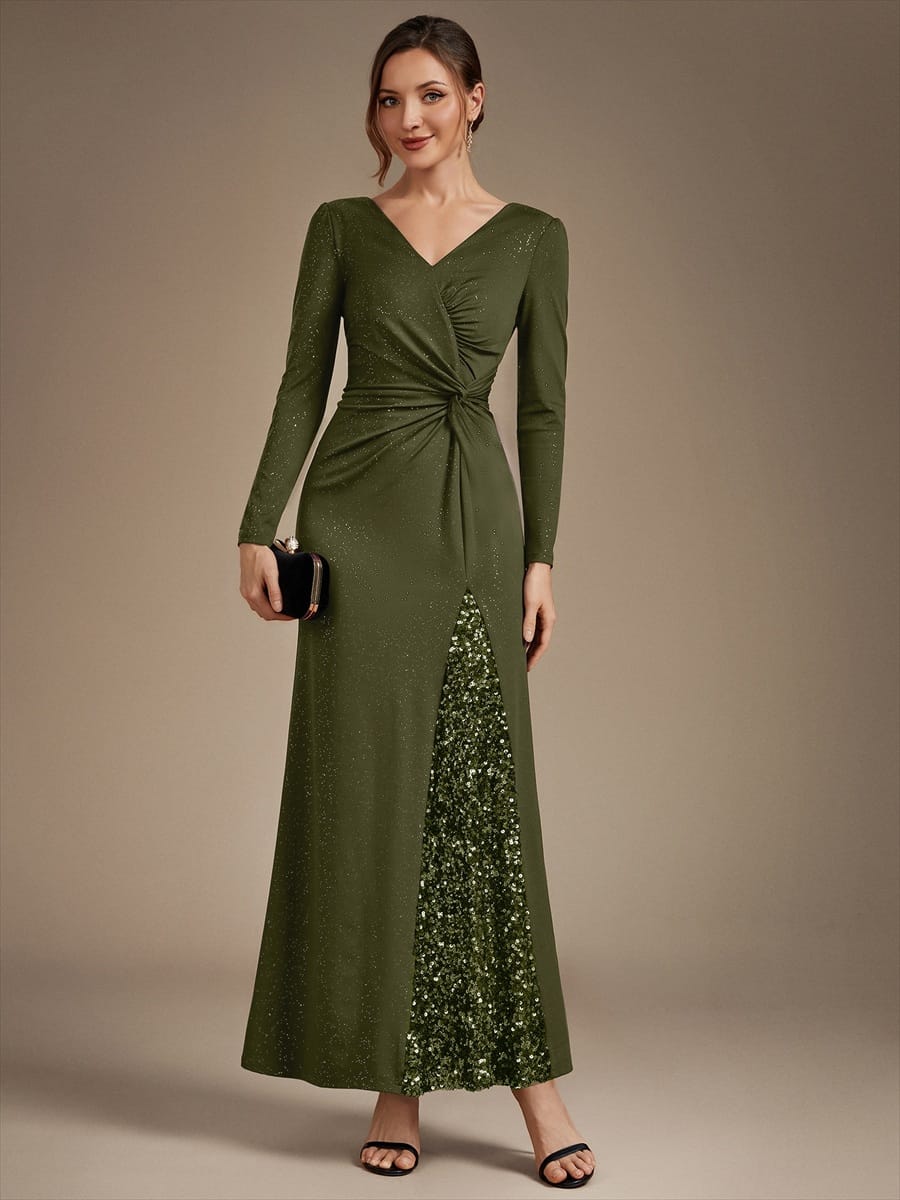 Sequin Knit Fitted Sleeve Dress #color_Olive Green