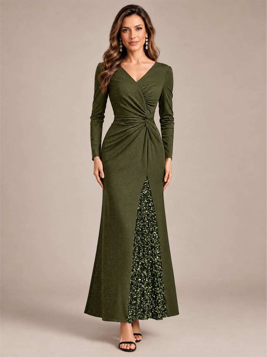 Sequin Knit Fitted Sleeve Dress #color_Olive Green