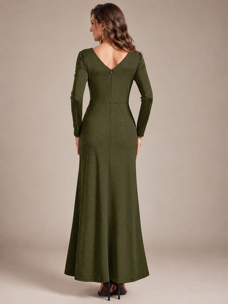 Sequin Knit Fitted Sleeve Dress #color_Olive Green