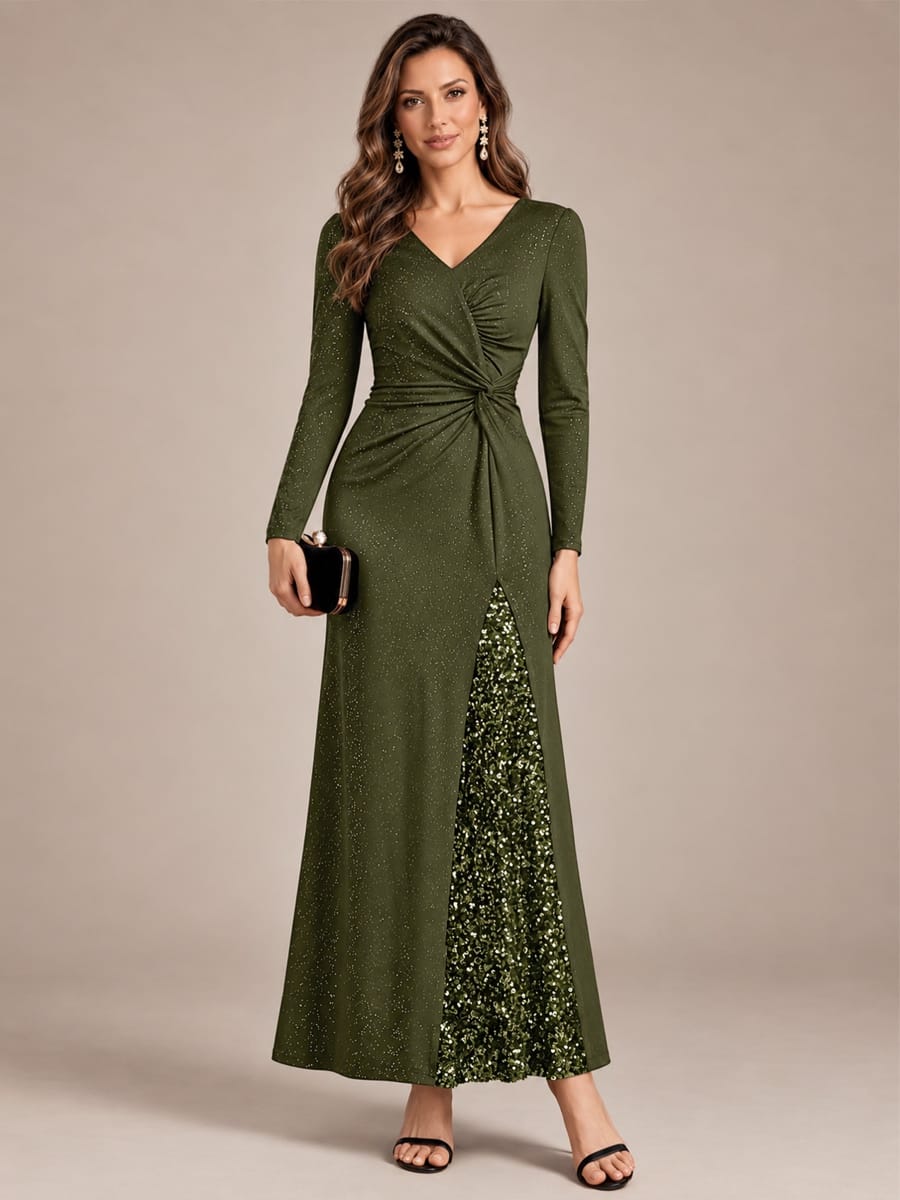 Sequin Knit Fitted Sleeve Dress #color_Olive Green