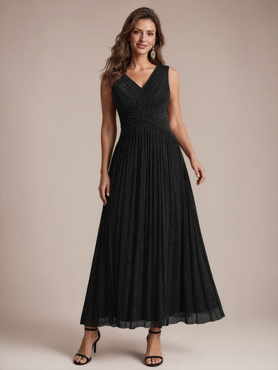 Shimmer V-Neck Tulle Floor Length Evening Dress