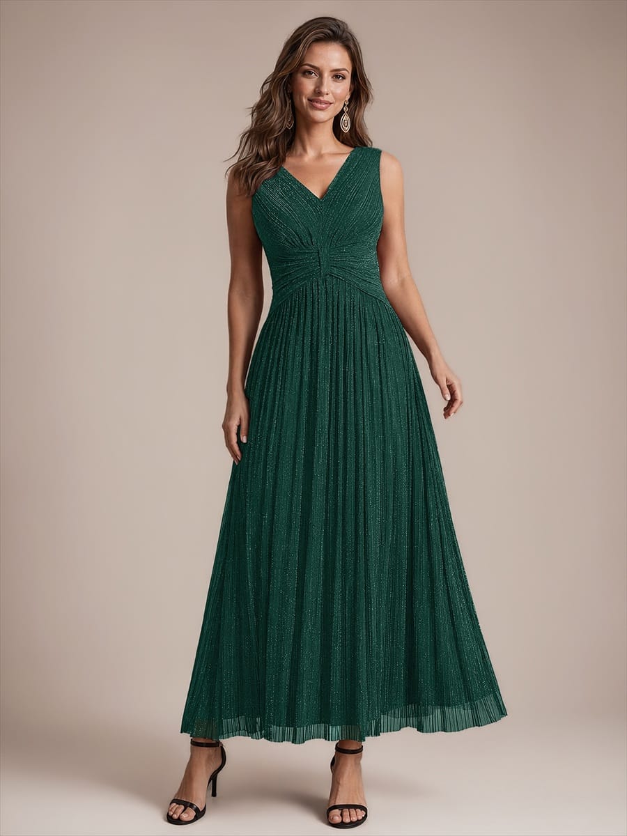 Tulle Sleeveless A-line Dress #color_Dark Green