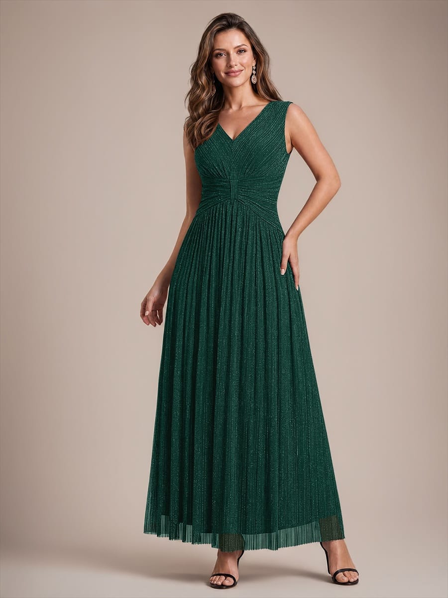 Tulle Sleeveless A-line Dress #color_Dark Green