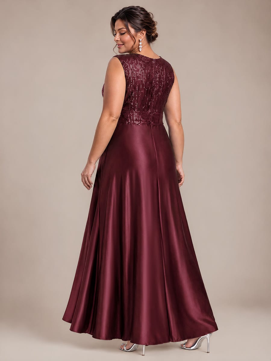 Satin Sleeveless A-line Dress #color_Burgundy