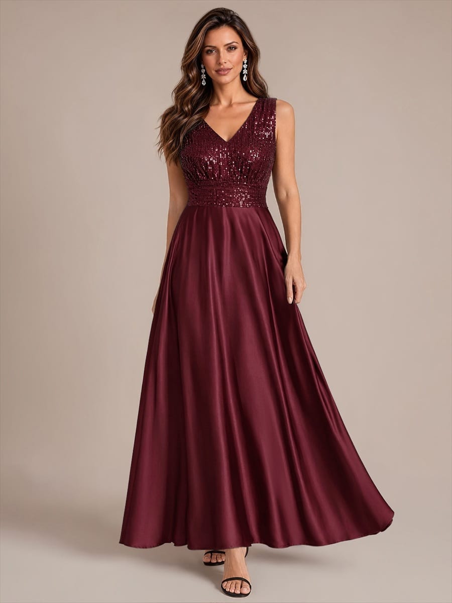 Satin Sleeveless A-line Dress #color_Burgundy