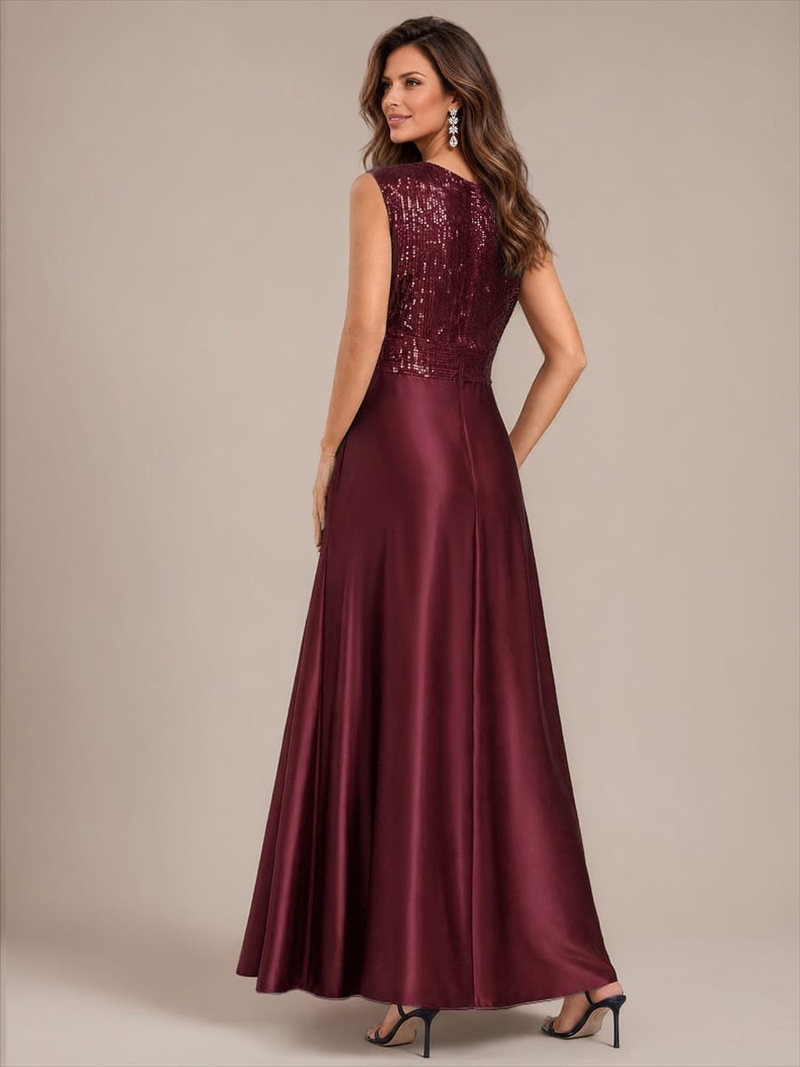 Satin Sleeveless A-line Dress #color_Burgundy
