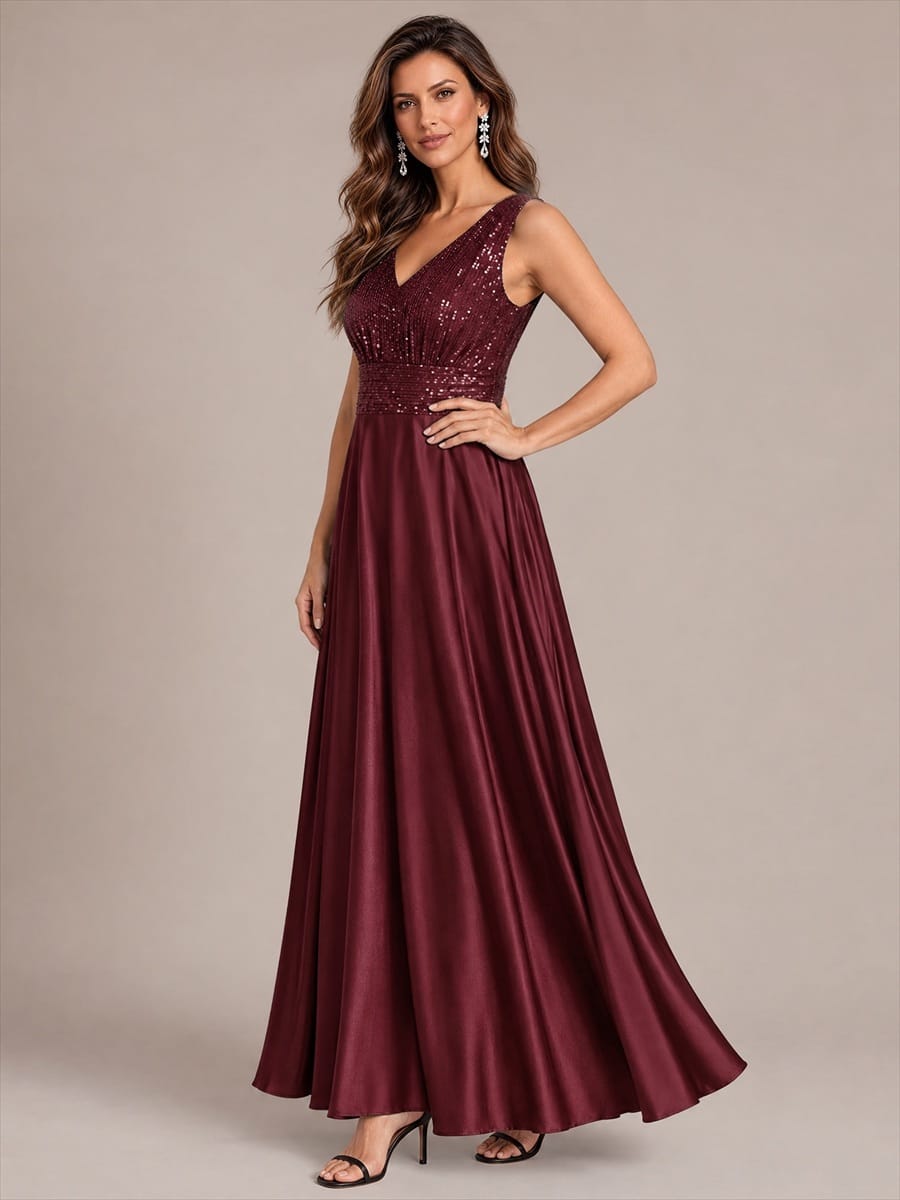Satin Sleeveless A-line Dress #color_Burgundy