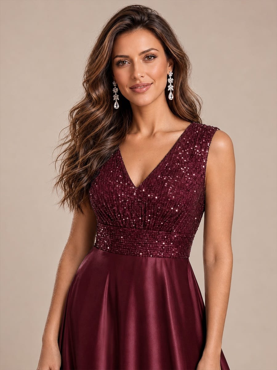 Satin Sleeveless A-line Dress #color_Burgundy