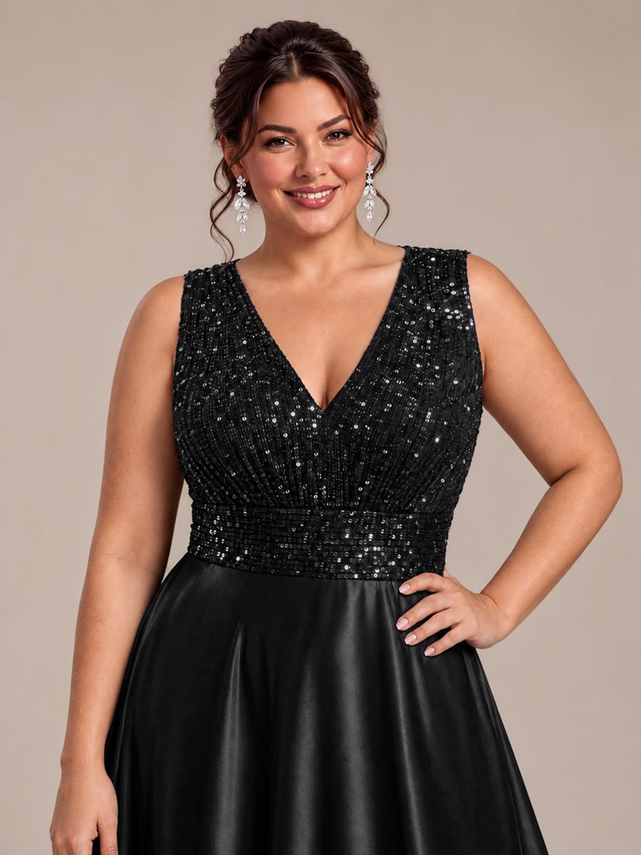 Satin Sleeveless A-line Dress #color_Black