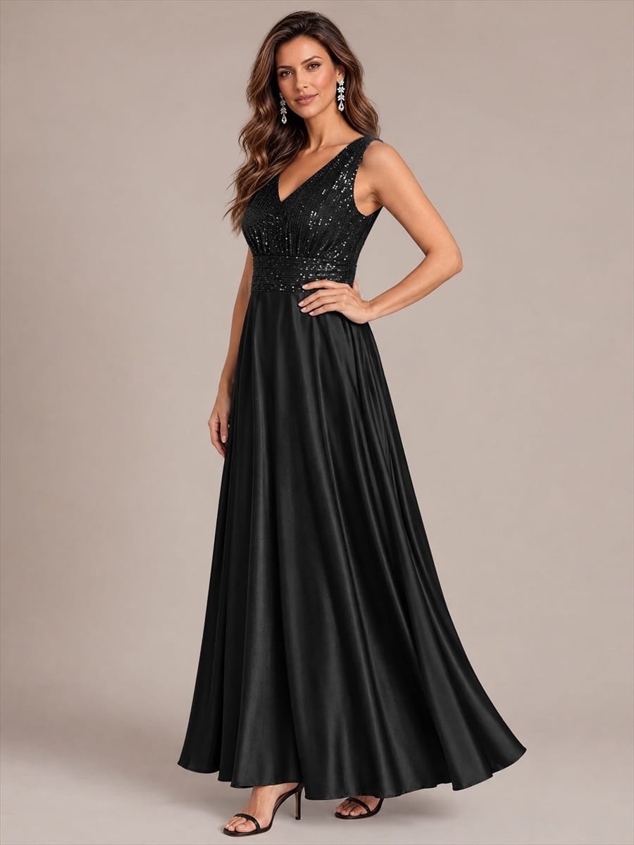 Satin Sleeveless A-line Dress #color_Black