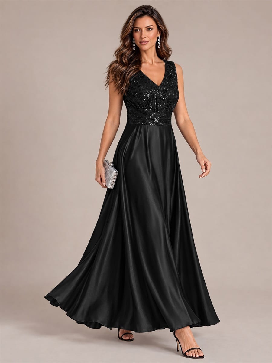 Satin Sleeveless A-line Dress #color_Black