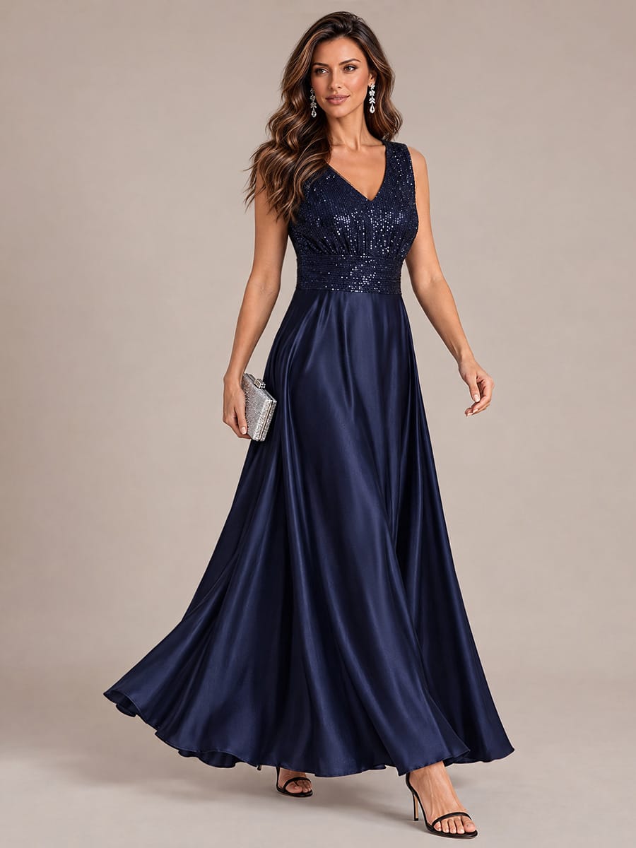 Satin Sleeveless A-line Dress #color_Navy Blue