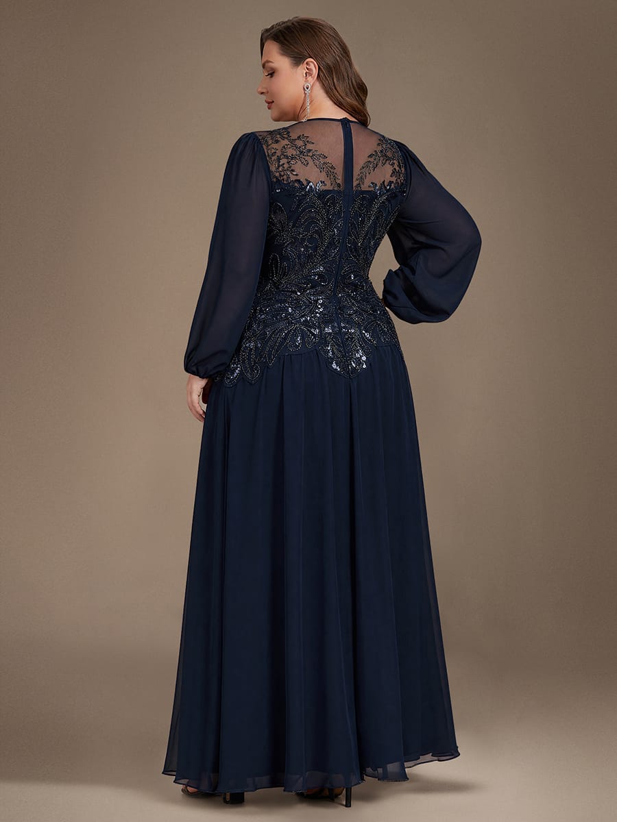 Beaded Tulle Puff Sleeve Dress #color_Navy Blue