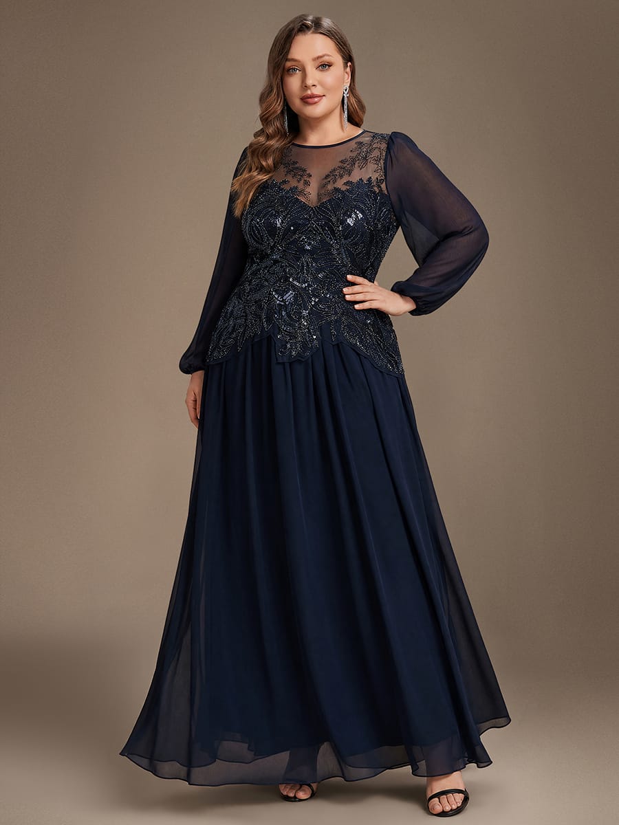 Beaded Tulle Puff Sleeve Dress #color_Navy Blue
