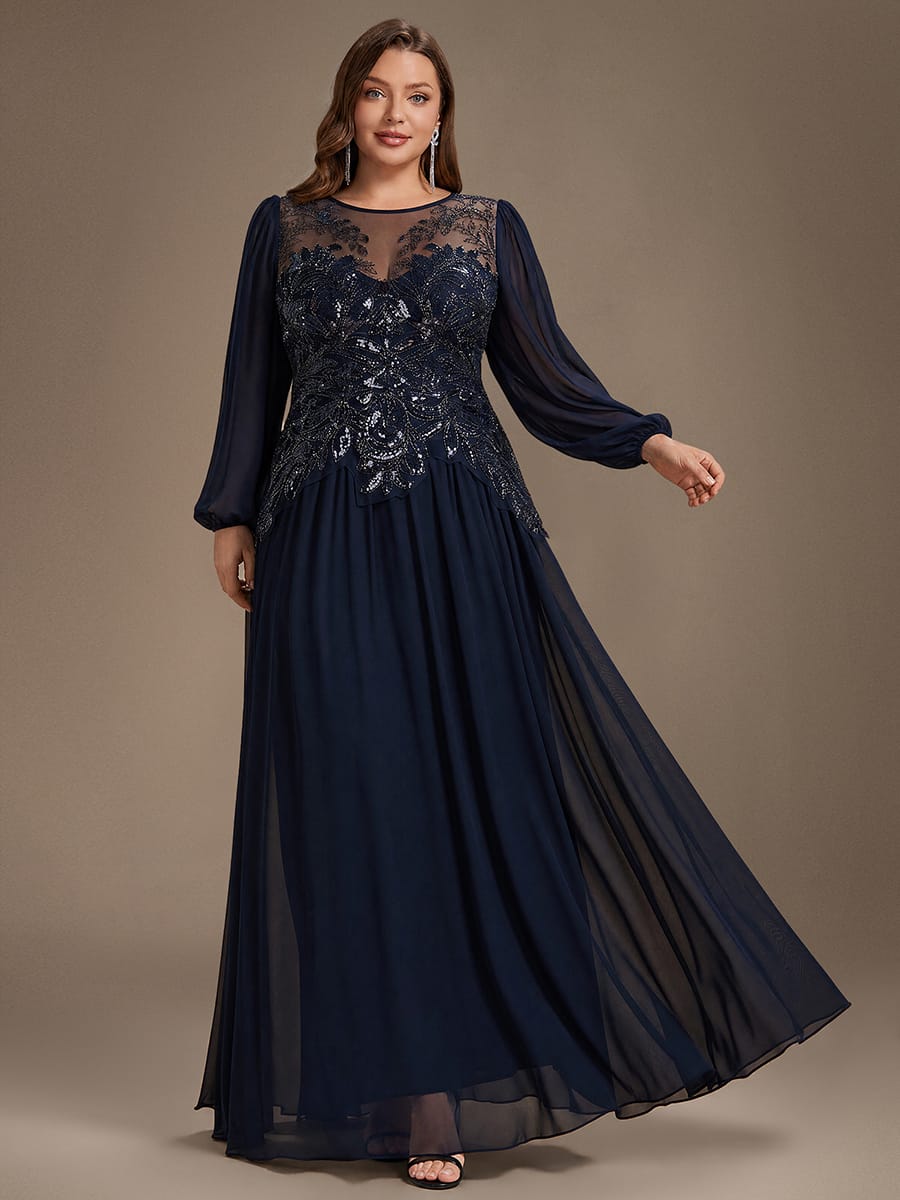 Beaded Tulle Puff Sleeve Dress #color_Navy Blue