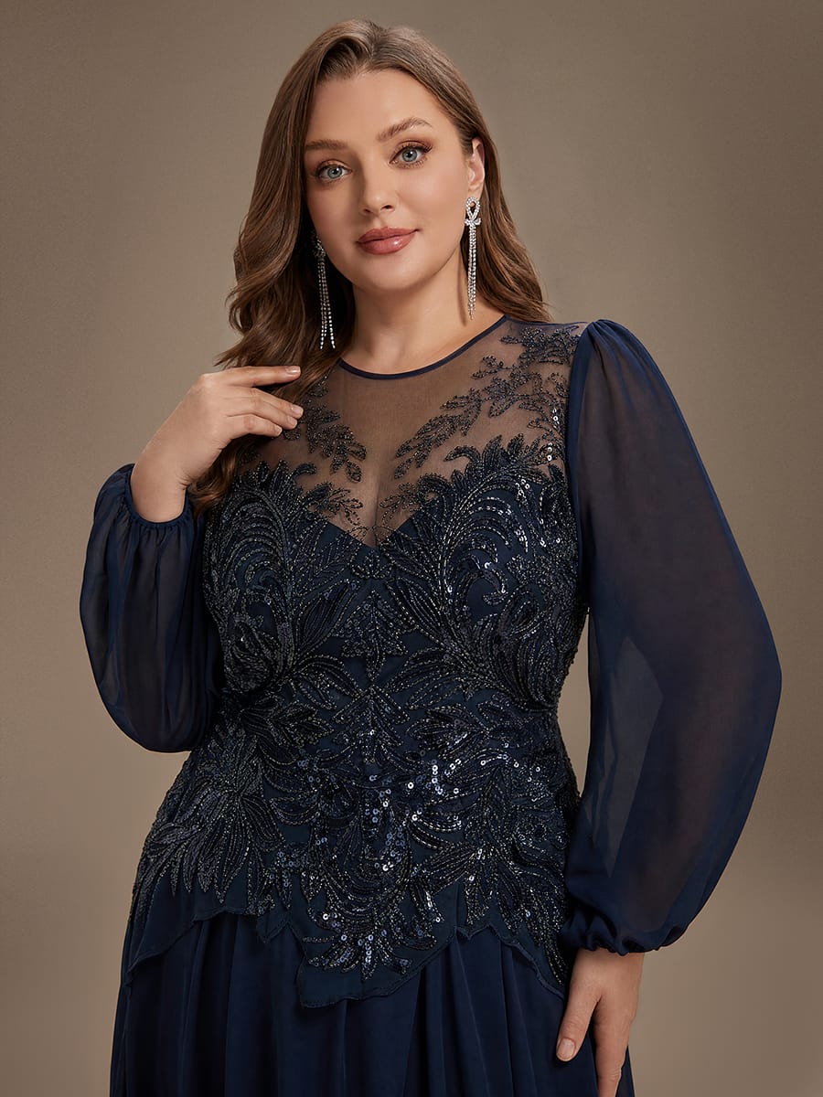 Beaded Tulle Puff Sleeve Dress #color_Navy Blue