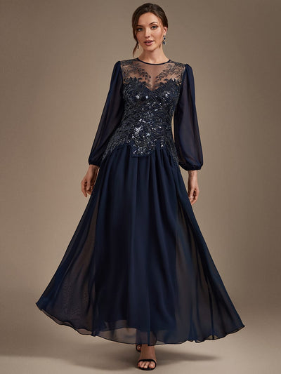 Beaded Tulle Puff Sleeve Dress