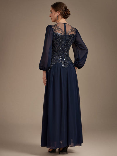 Beaded Tulle Puff Sleeve Dress #color_Navy Blue
