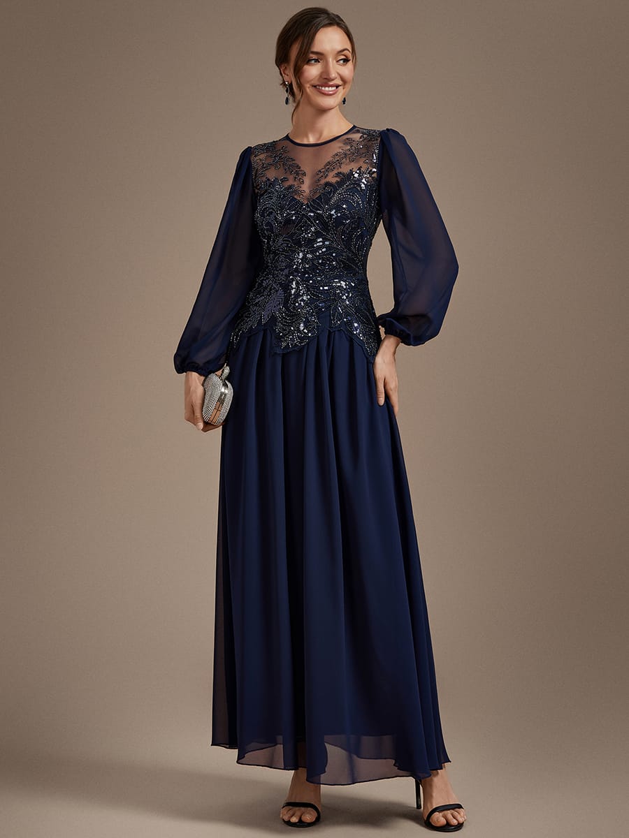 Beaded Tulle Puff Sleeve Dress #color_Navy Blue